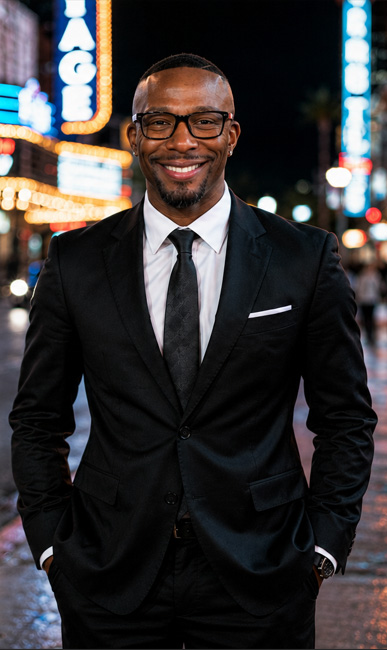 Professional portrait of a smiling Black man wearing a tailored black suit, white dress shirt, and black tie, standing confidently with hands in pockets on a vibrant city street at night. Neon lights and blurred urban signage create a cinematic bokeh background, giving the image a modern executive and corporate-tech aesthetic.
