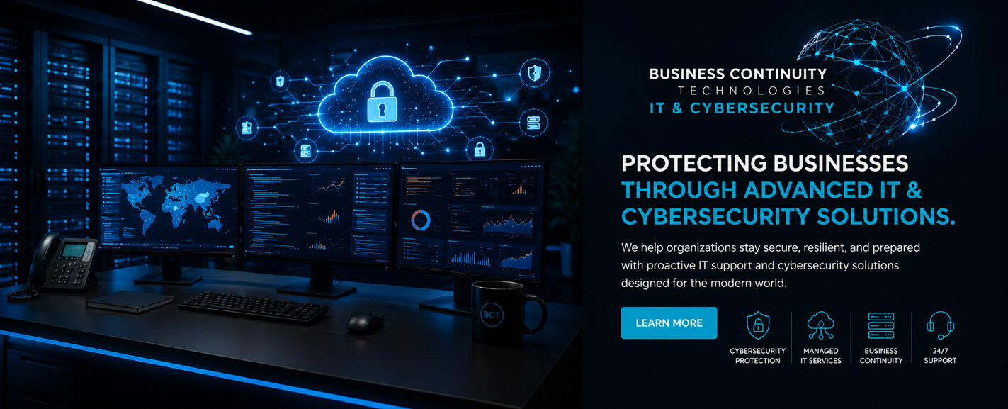 Modern cybersecurity and IT services website banner featuring a futuristic server room with glowing blue lighting, multiple data-monitoring screens, and cloud security graphics. The right side showcases Business Continuity Technologies branding with a digital globe logo, bold messaging about advanced IT and cybersecurity solutions, and icons representing cybersecurity protection, managed IT services, business continuity, and 24/7 support.