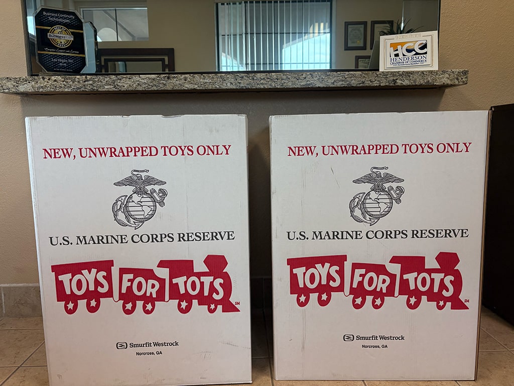 Toys for Tots donations collected at the Business Continuity Technologies office in Las Vegas.