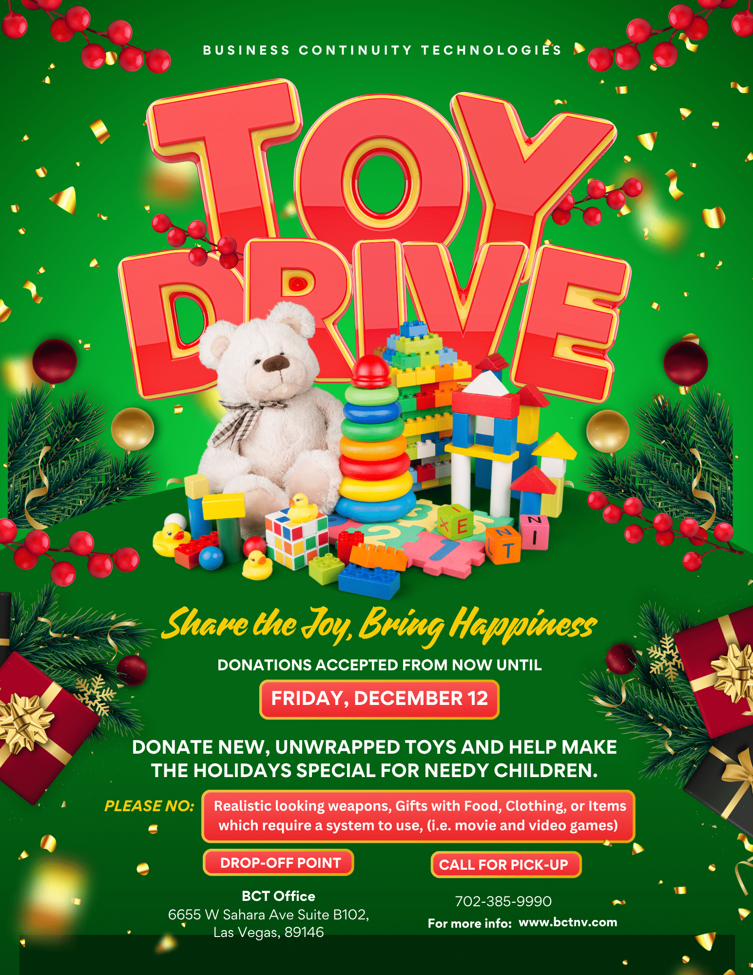 Business Continuity Technologies Toys for Tots toy drive flyer with drop-off details for the Las Vegas office.