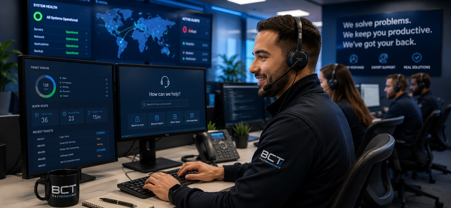 Professional IT help desk team providing technical support from a modern operations center, with live ticket management dashboards, system monitoring, and customer support tools helping businesses resolve technology issues quickly and improve productivity