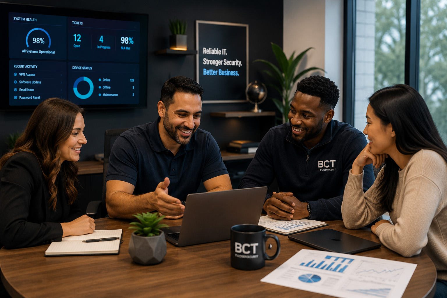 Diverse team of business professionals collaborating with IT specialists during a technology planning meeting, reviewing system performance dashboards and discussing solutions that improve productivity, reduce technology disruptions, and help businesses stay focused on growth