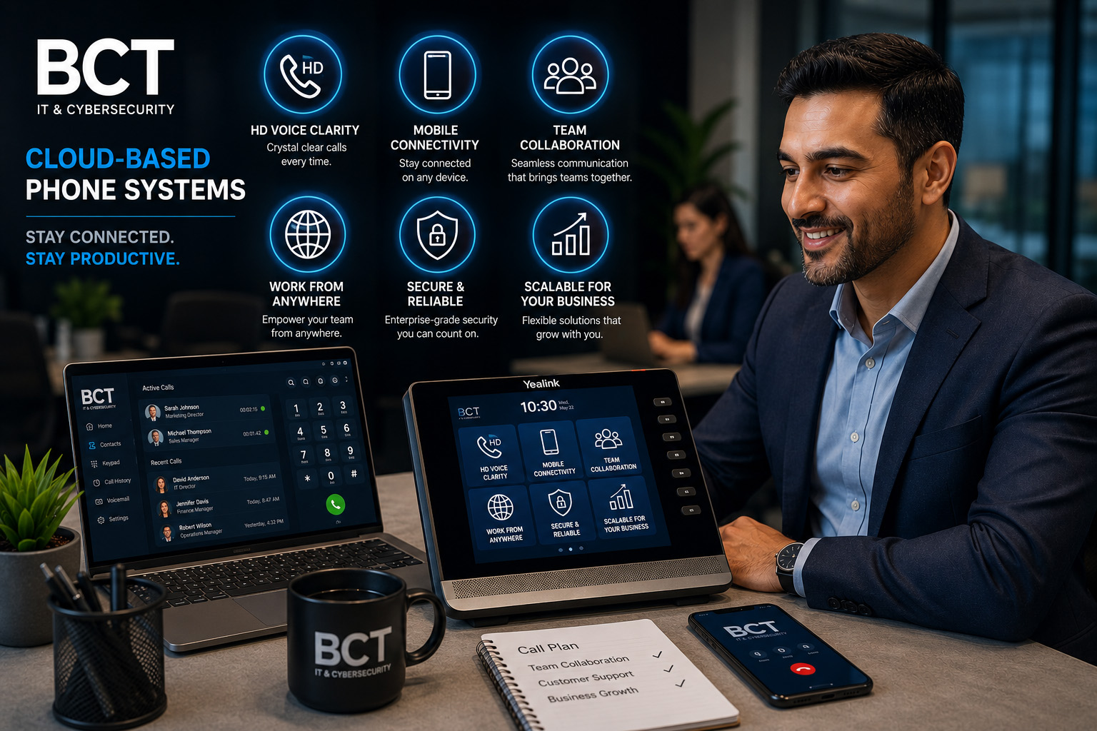 Modern business workspace showcasing a cloud-based business phone system with an advanced communication display highlighting HD voice, mobile connectivity, team collaboration, remote work, enterprise security, and scalable business communications alongside a laptop and mobile device