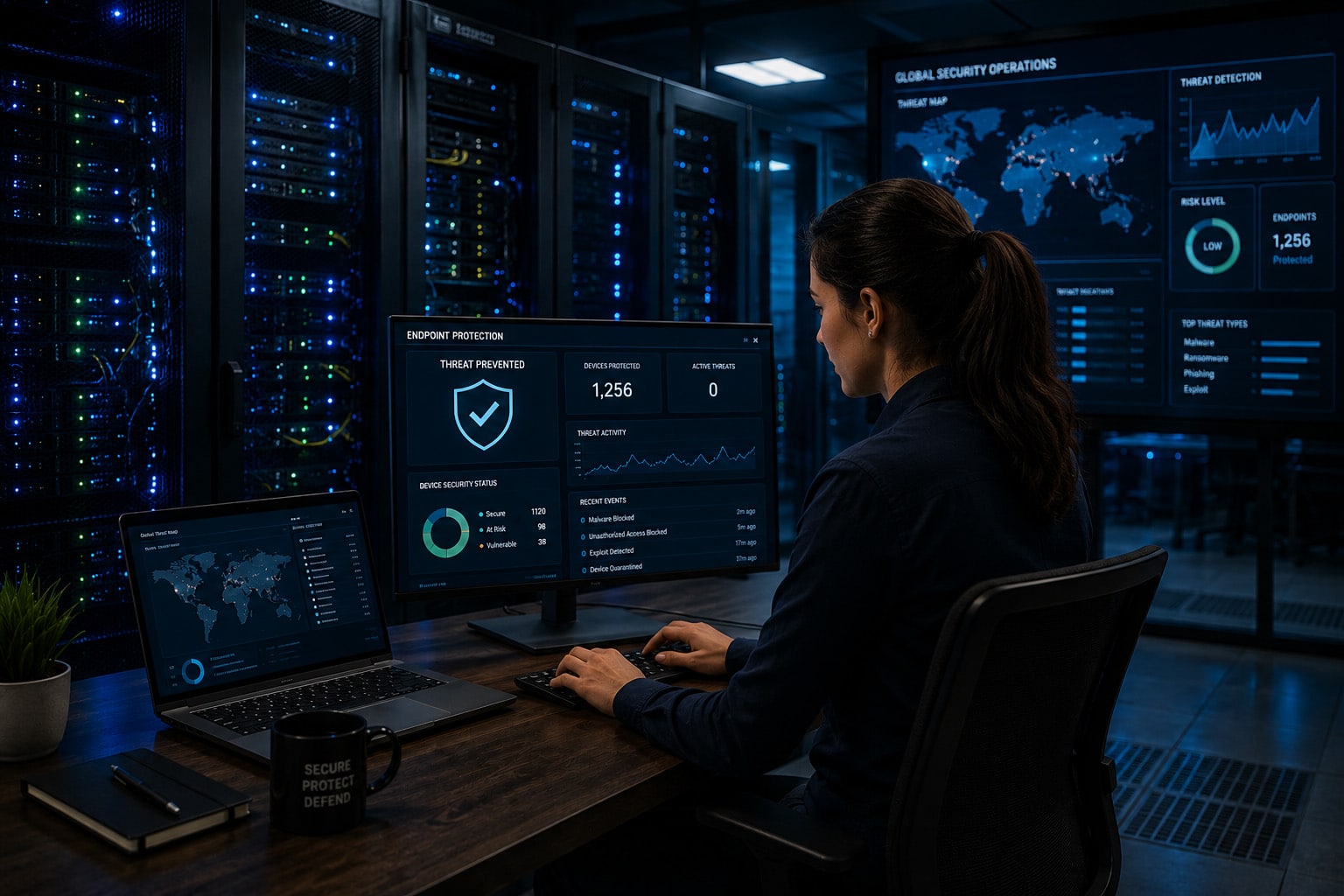 Cybersecurity analyst monitoring endpoint protection dashboards in a modern data center, overseeing device security, real time threat detection, endpoint monitoring, and network protection across business systems.