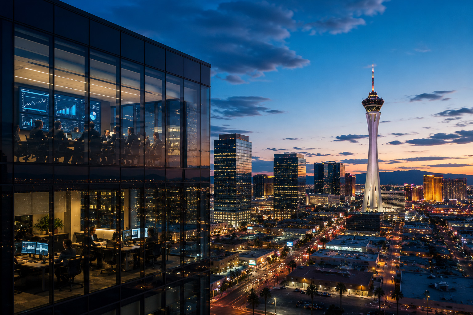 Modern financial services office overlooking the Las Vegas skyline with professionals managing financial data, cybersecurity, compliance, and business operations.