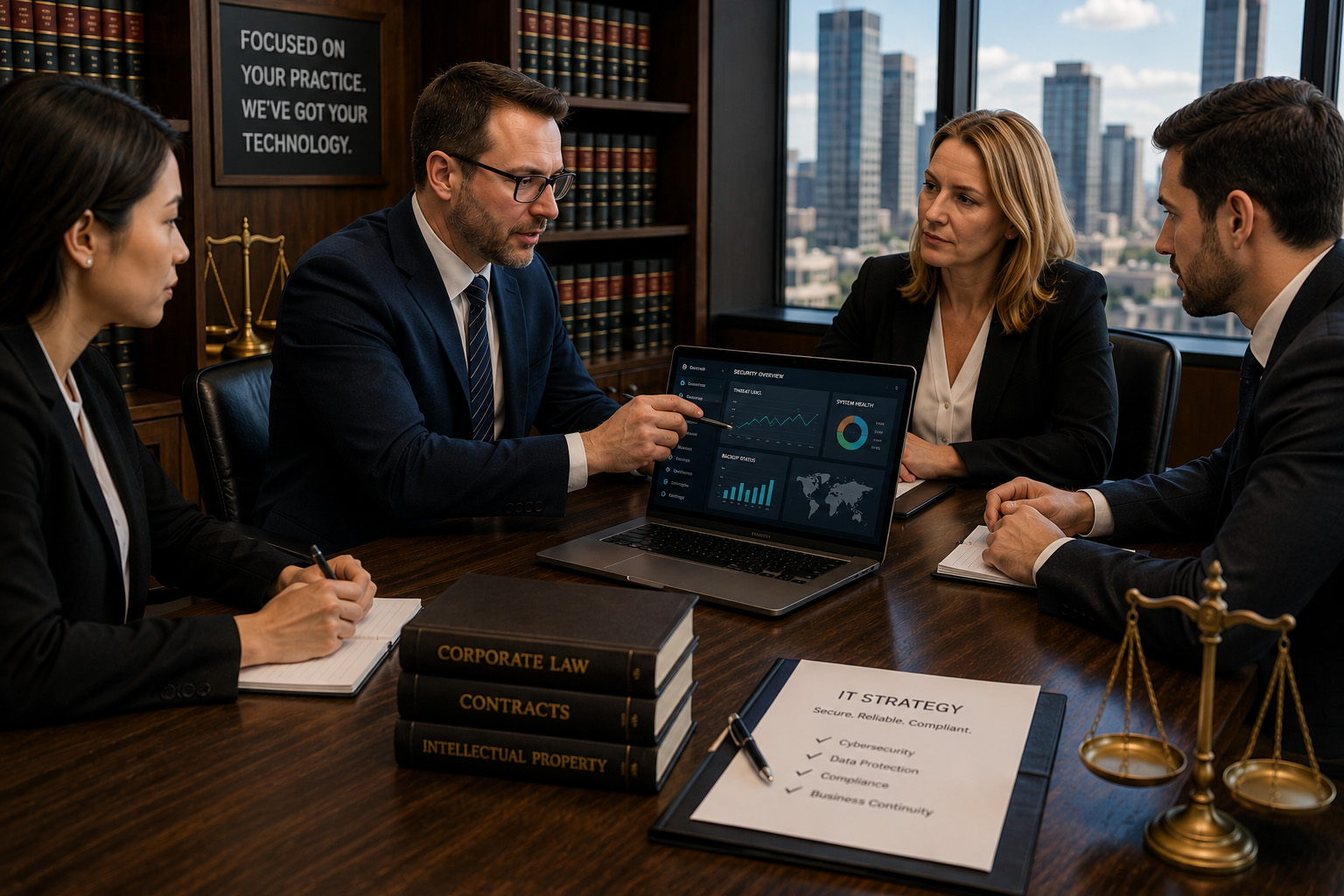 Law firm leadership team meeting with an IT and cybersecurity consultant to discuss technology strategy, compliance, data protection, and business continuity planning.
