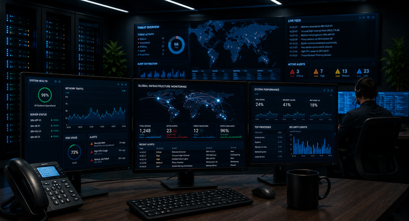 IT security operations center with real-time network monitoring dashboards, live system alerts, and cybersecurity professionals proactively monitoring business infrastructure