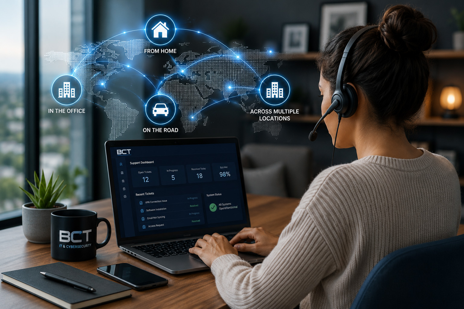 Professional working from a home office with secure remote IT support, connected to business systems through cloud technology, hybrid workforce tools, and real time monitoring, representing secure remote and hybrid work environments.