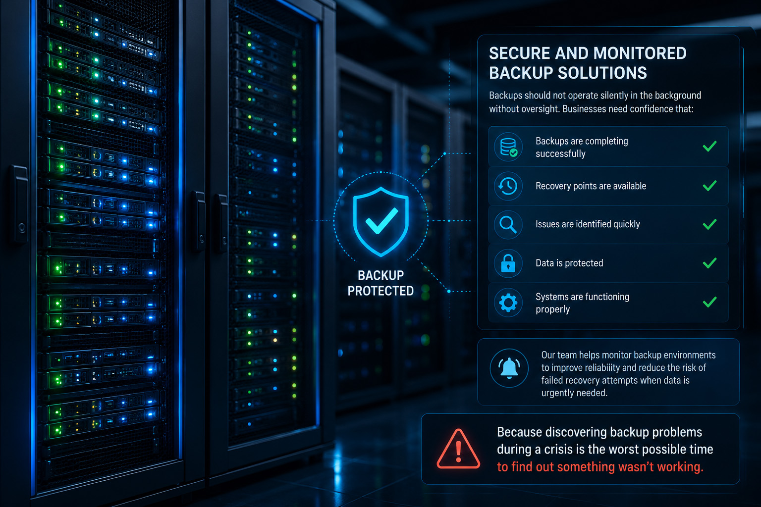 Modern enterprise data center featuring monitored backup servers, real time backup health dashboards, secure data protection, recovery point monitoring, and proactive backup management to ensure reliable business continuity