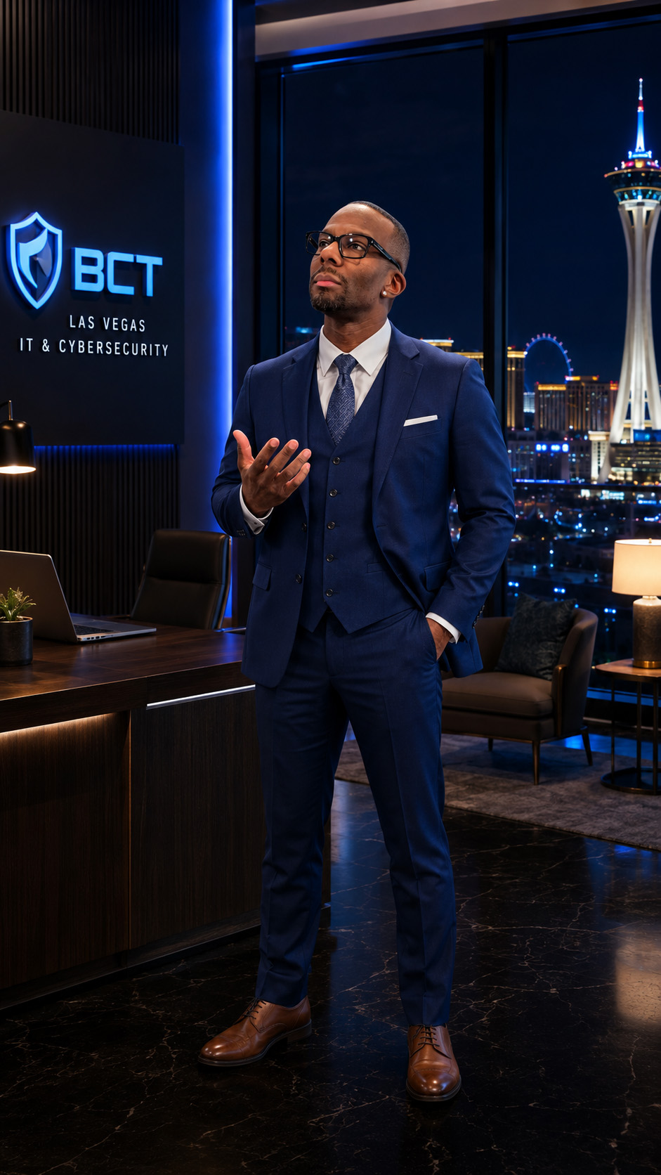 Business Continuity Technologies CEO standing in a modern Las Vegas office overlooking the Strip, representing professional IT services and cybersecurity leadership for businesses throughout Southern Nevada.
