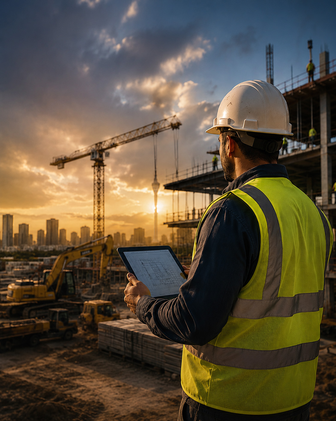 Construction project manager using a tablet at an active commercial job site with cranes, heavy equipment, and a modern city skyline in the background, representing reliable managed IT and cybersecurity services for contractors and construction companies.