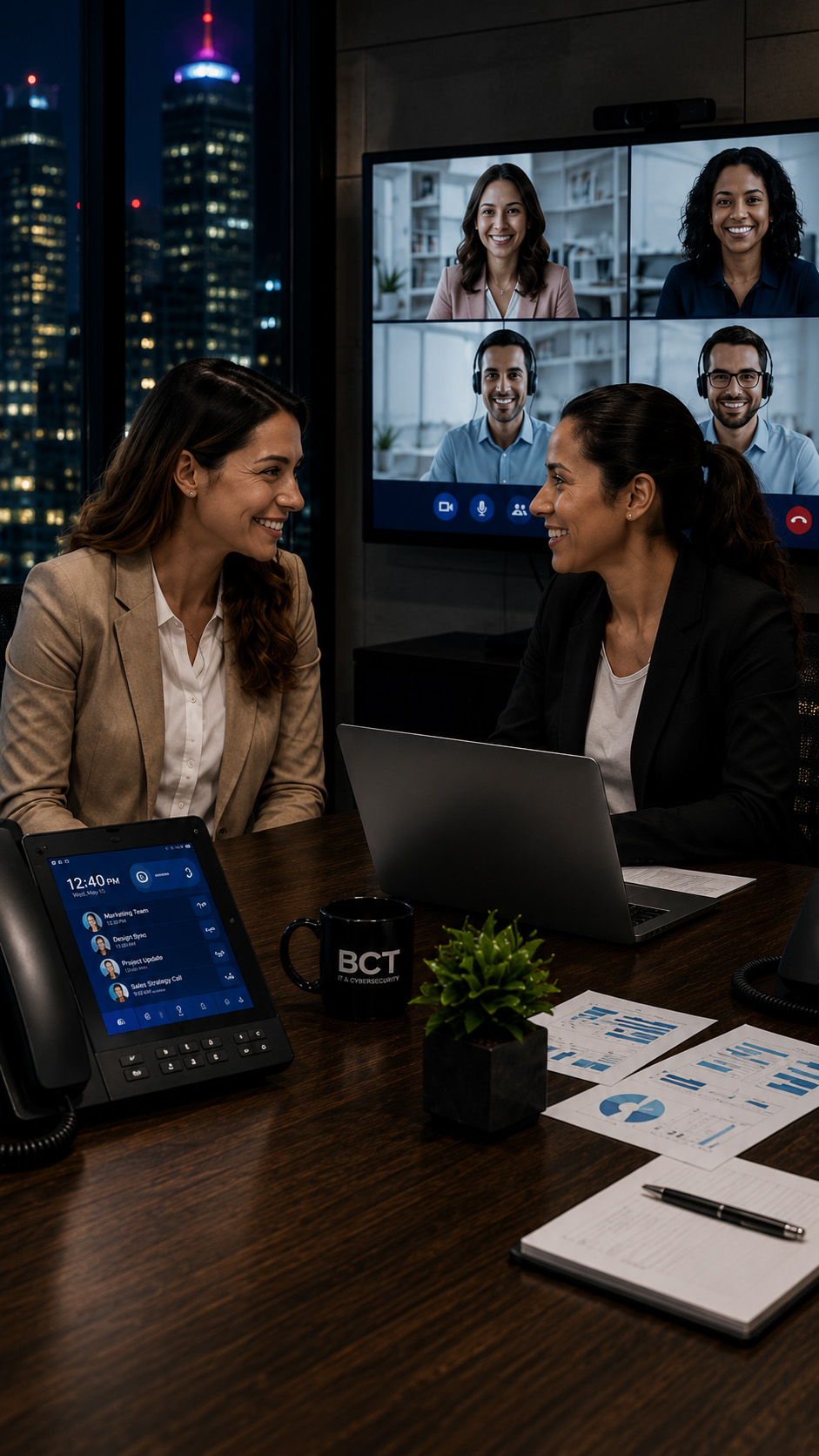 Two business professionals collaborating in a modern conference room using cloud-based business phone systems, HD video conferencing, and IP desk phones, representing unified communications, remote collaboration, and business connectivity