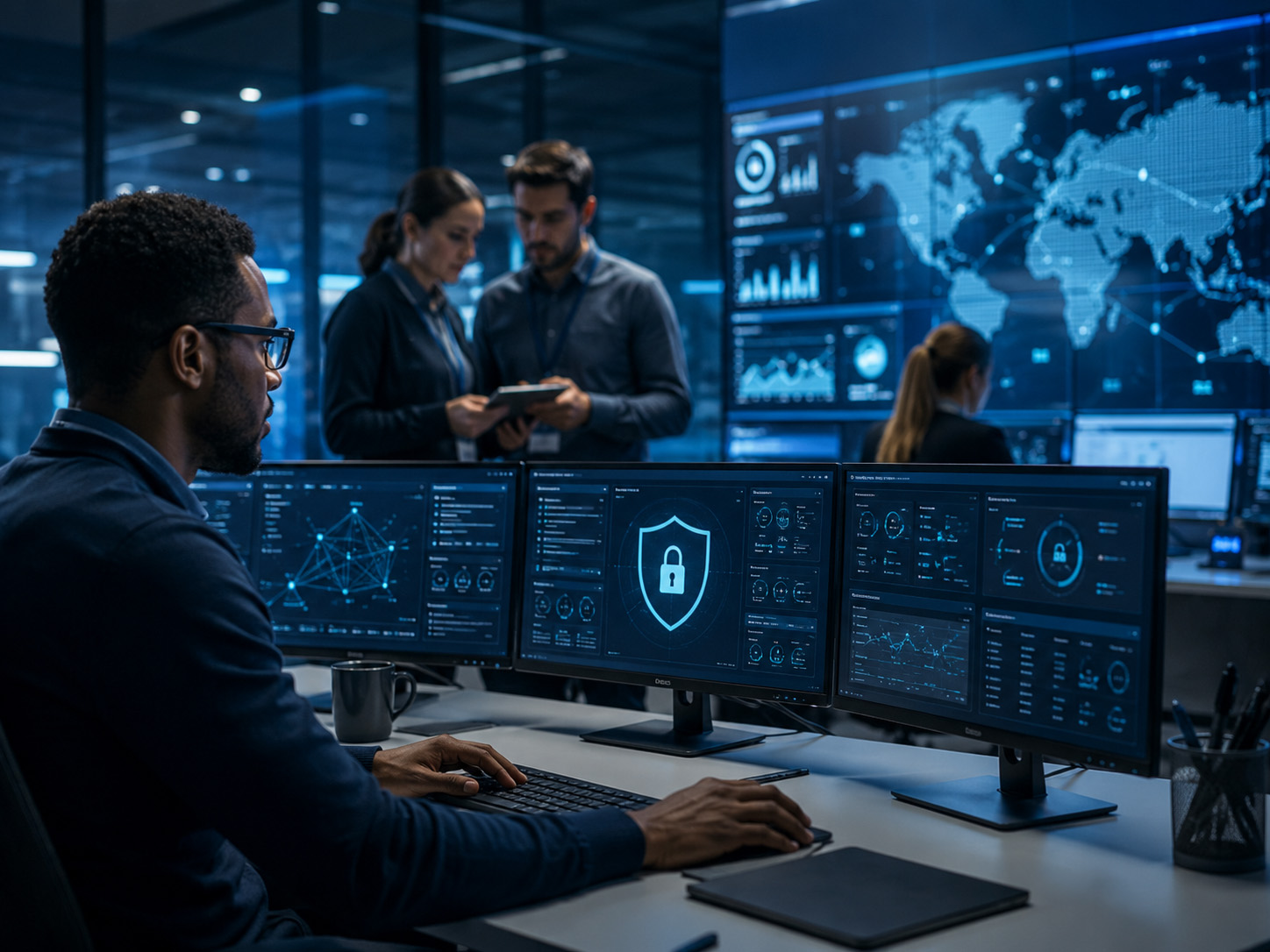 Cybersecurity analysts monitoring live security dashboards in a modern security operations center, collaborating to detect threats, protect business networks, and respond to cyber incidents in real time.