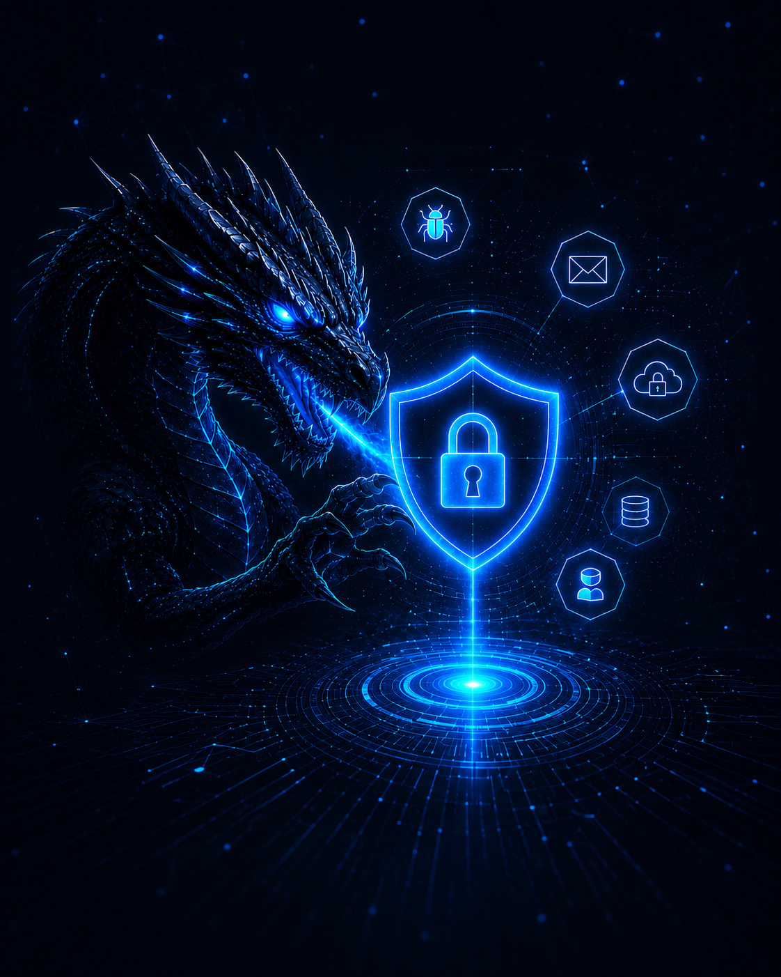 CyberTips From The Dragon hero image featuring a glowing blue cybersecurity dragon protecting a digital security shield surrounded by cyber threat and protection icons, representing practical cybersecurity education, threat awareness, and business protection