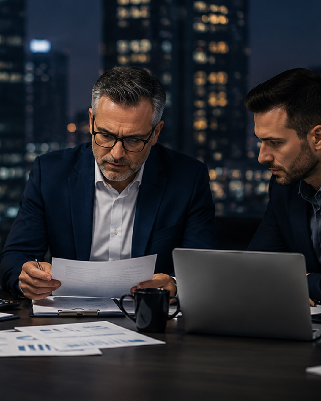 Financial services leadership team reviewing reports with a laptop in a downtown Las Vegas office at night, with the Business Continuity Technologies dragon, representing managed IT and cybersecurity for financial firms.