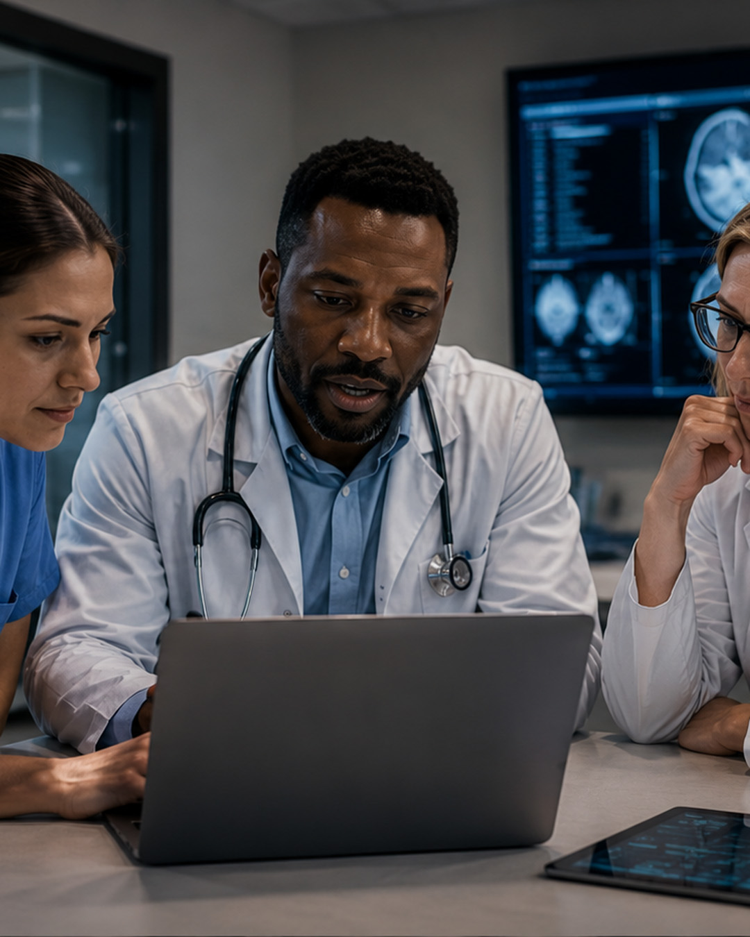 Healthcare professional using secure technology in a modern medical office, representing HIPAA-conscious managed IT and cybersecurity services for healthcare organizations in Las Vegas and Southern Nevada.