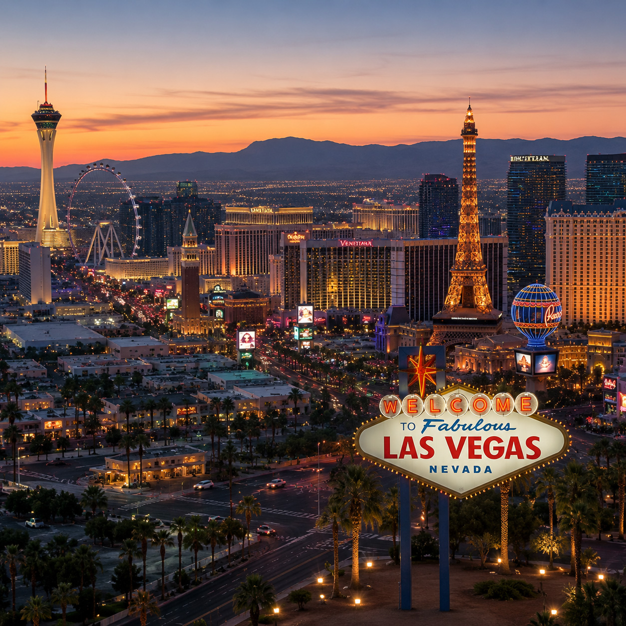 Aerial view of the Las Vegas skyline at sunset featuring iconic landmarks and the Welcome to Fabulous Las Vegas sign, representing local IT support and professional services throughout Las Vegas and Southern Nevada.