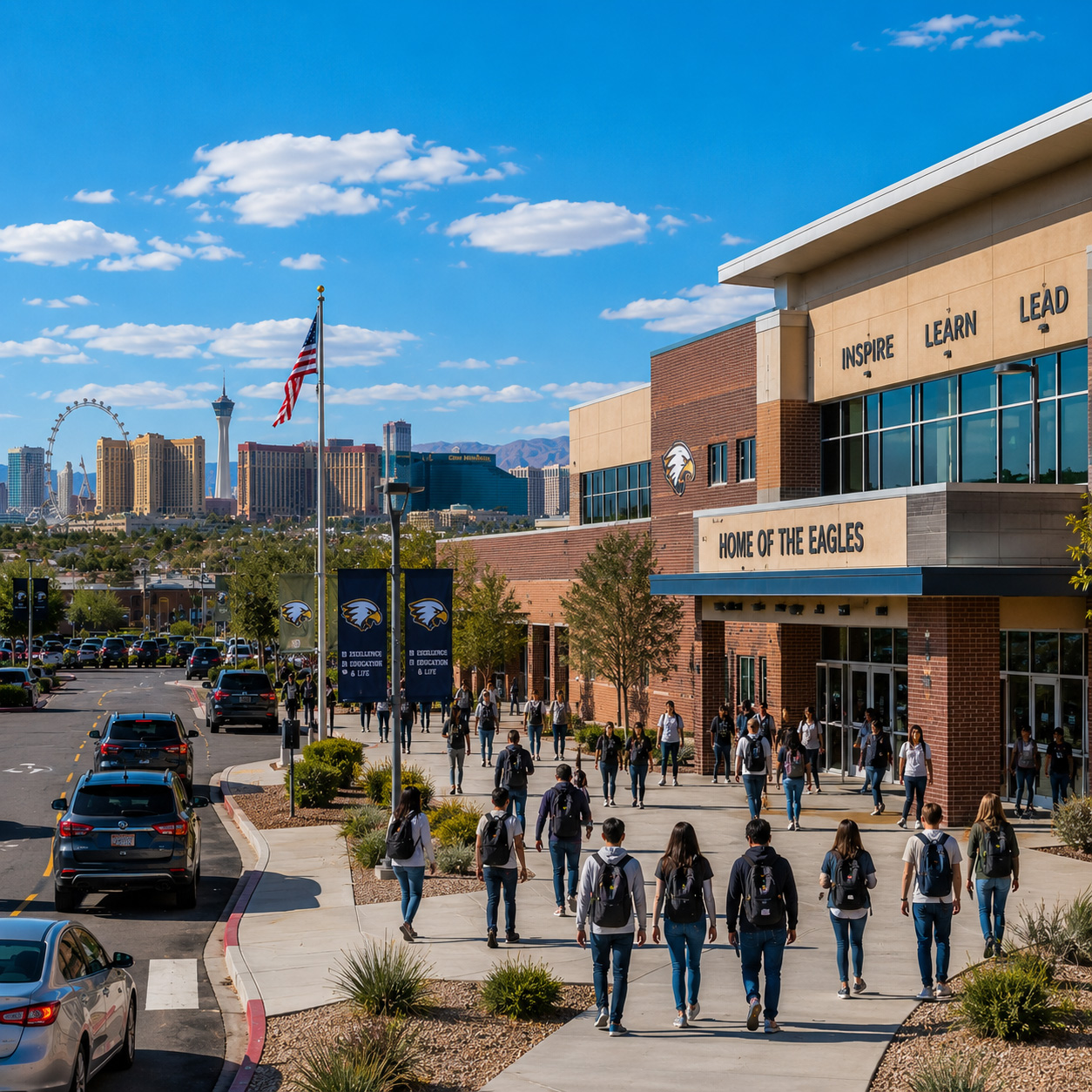 Students arrive and gather outside a modern school campus with the Las Vegas skyline in the background, highlighting local technology support for schools and educational organizations throughout Las Vegas and Southern Nevada.