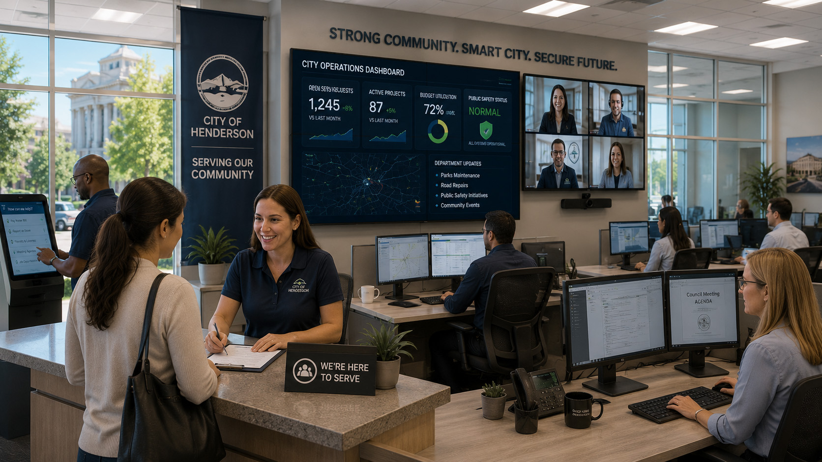 Modern local government office where municipal employees assist citizens, collaborate through secure technology, monitor city operations dashboards, and provide efficient public services using reliable IT and cybersecurity solutions.