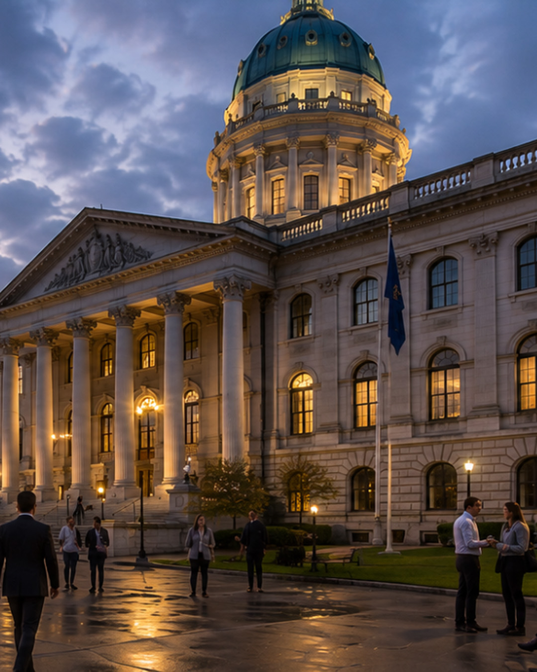 Professional local government building at dusk with public officials and community members walking through the plaza, representing secure IT services, cybersecurity, reliable government technology, and modern digital infrastructure supporting municipal operations and public services.