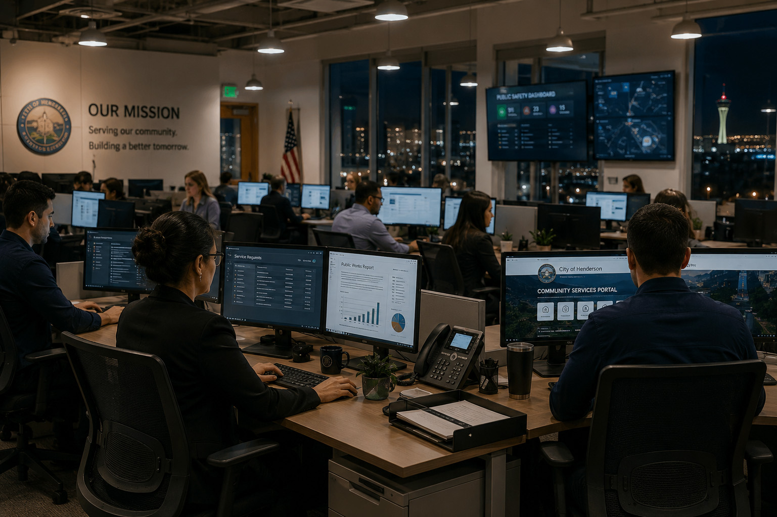 Modern local government operations center with public sector employees monitoring secure technology systems, municipal service dashboards, cybersecurity alerts, and community operations in a collaborative office environment overlooking the Las Vegas skyline.