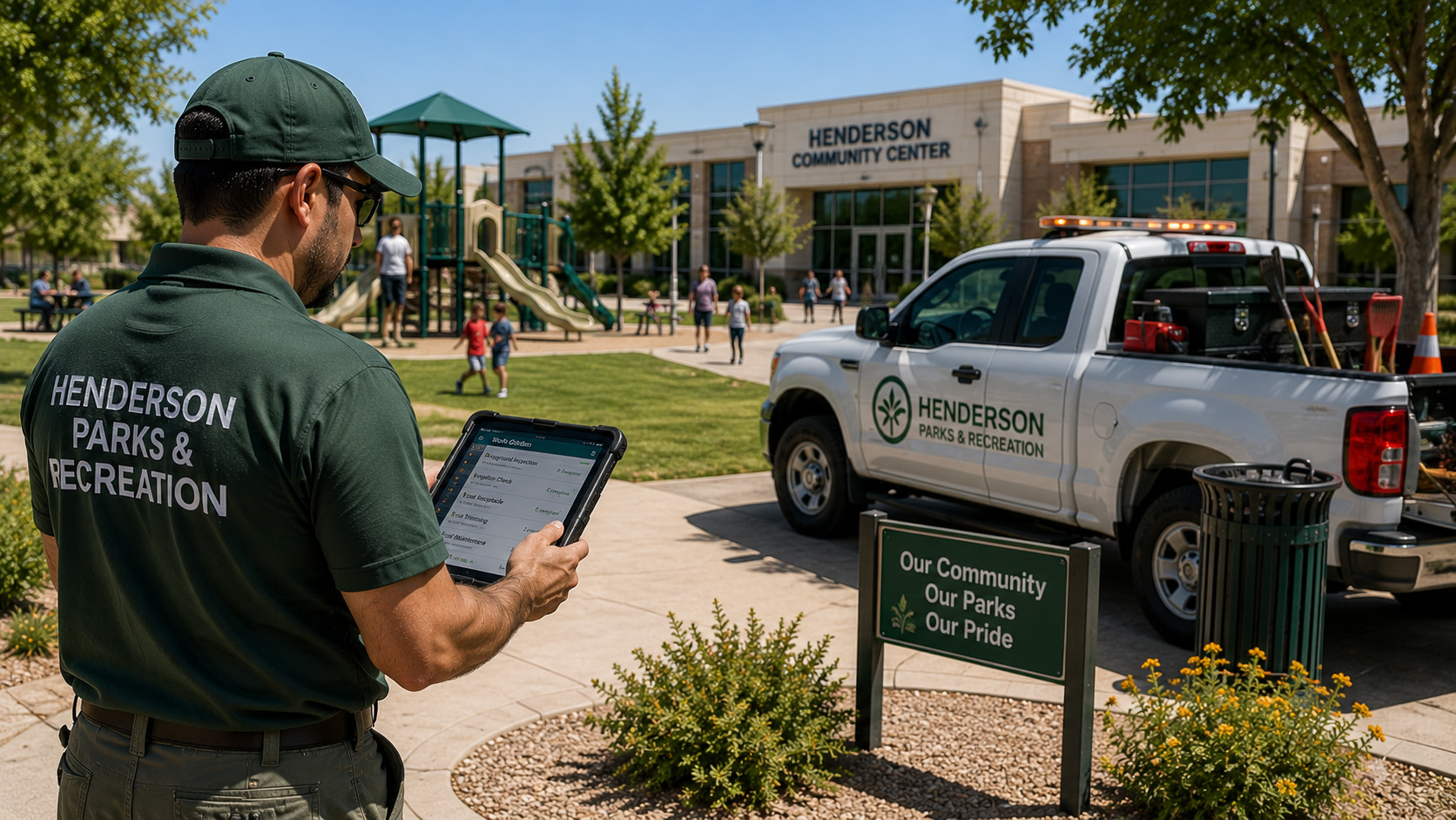 Local government parks and recreation employee using a rugged tablet to manage park maintenance and community services while families enjoy a public park, demonstrating how technology supports efficient municipal operations.