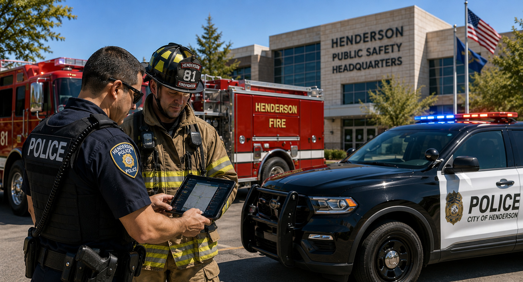 Police officer and firefighter collaborating outside a local government public safety headquarters while reviewing emergency response information on a secure tablet, demonstrating reliable communication, cybersecurity, and coordinated municipal operations.