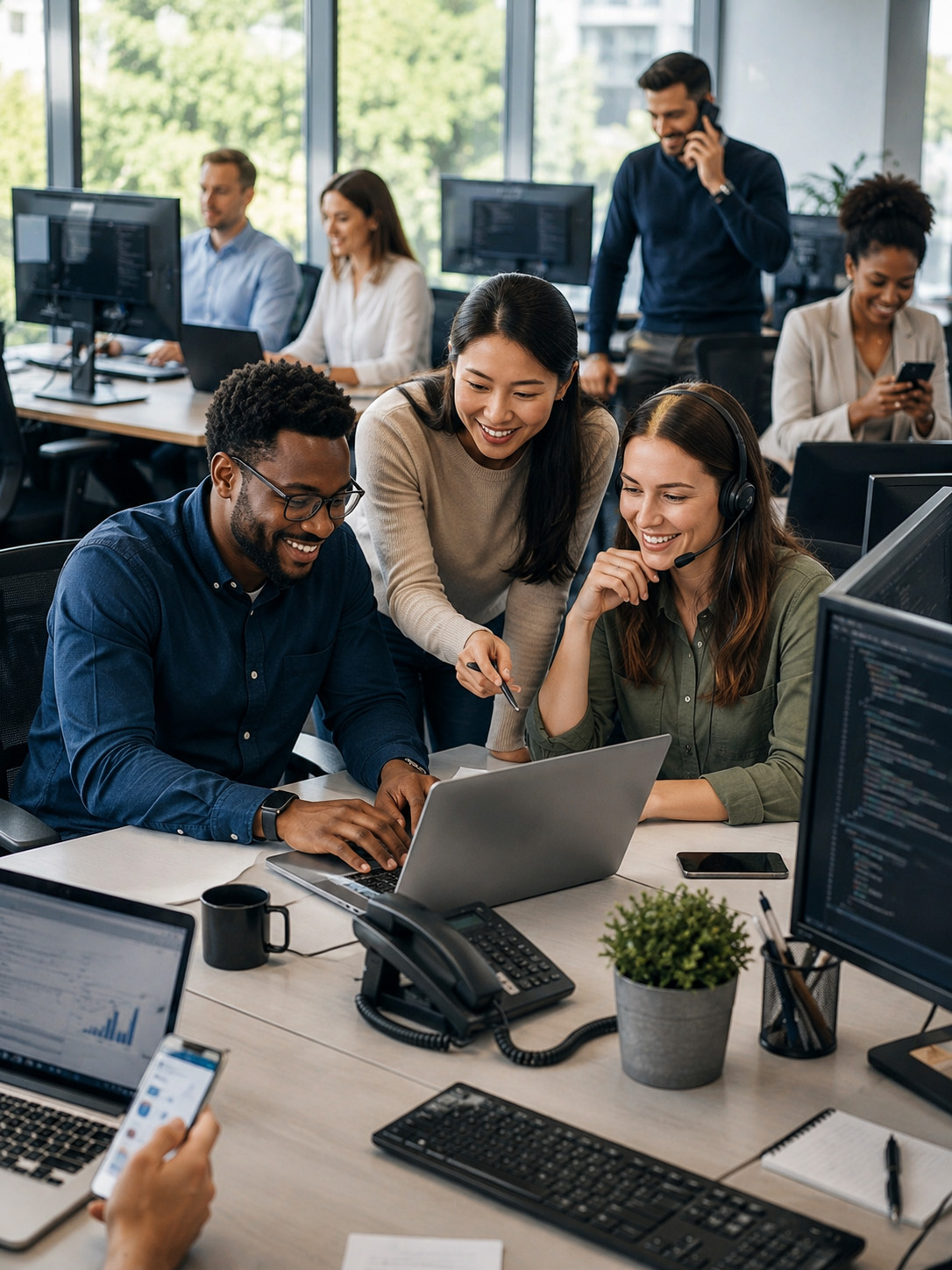 Diverse team of professionals collaborating in a modern office using desktop computers, laptops, desk phones, and mobile devices while providing proactive managed IT services and technology support.