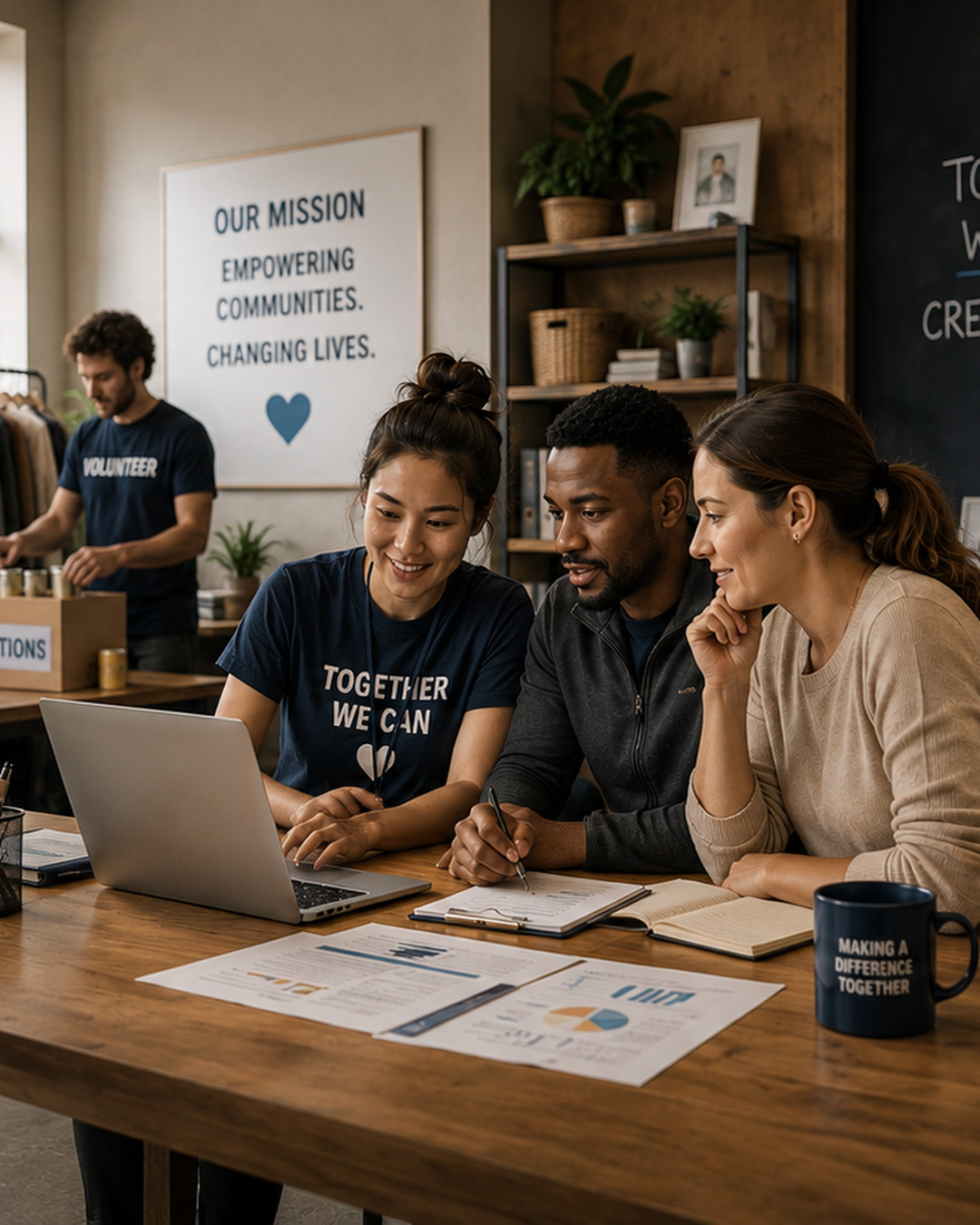 Modern nonprofit organization workspace with a diverse team collaborating around a laptop while volunteers prepare community donations in the background, leaving open space for website content and representing secure technology, teamwork, and mission-driven community impact.