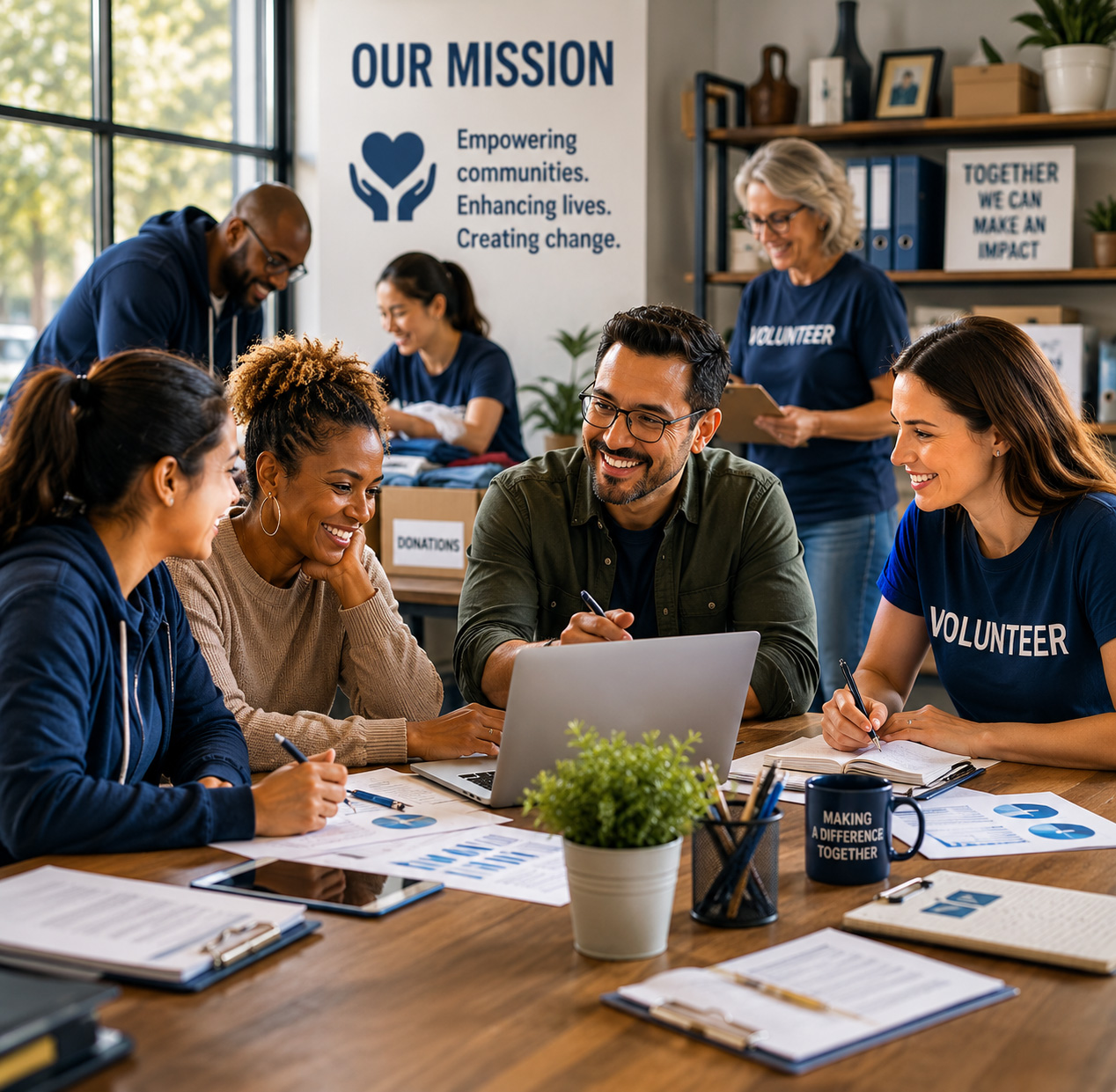 Nonprofit staff and volunteers collaborate around a conference table while reviewing documents, planning community outreach initiatives, and organizing resources in a bright, welcoming office that reflects teamwork, mission, and community impact.