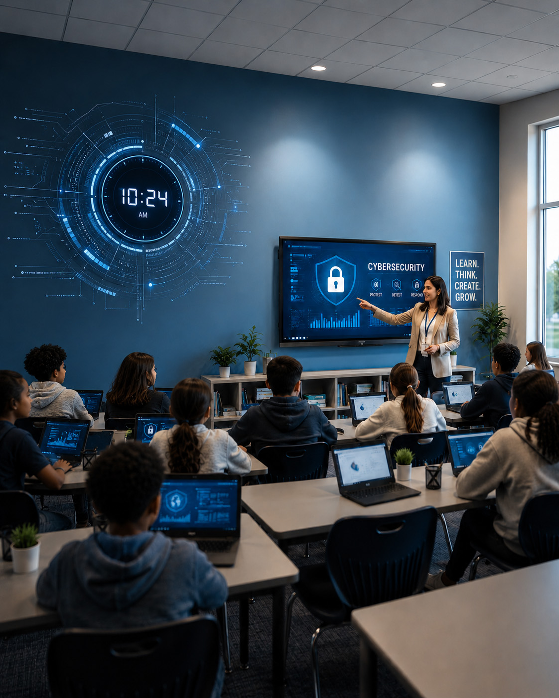 Teacher leads students in a modern classroom using an interactive display and laptops during a technology lesson, highlighting secure, connected learning environments for schools throughout Las Vegas and Southern Nevada.