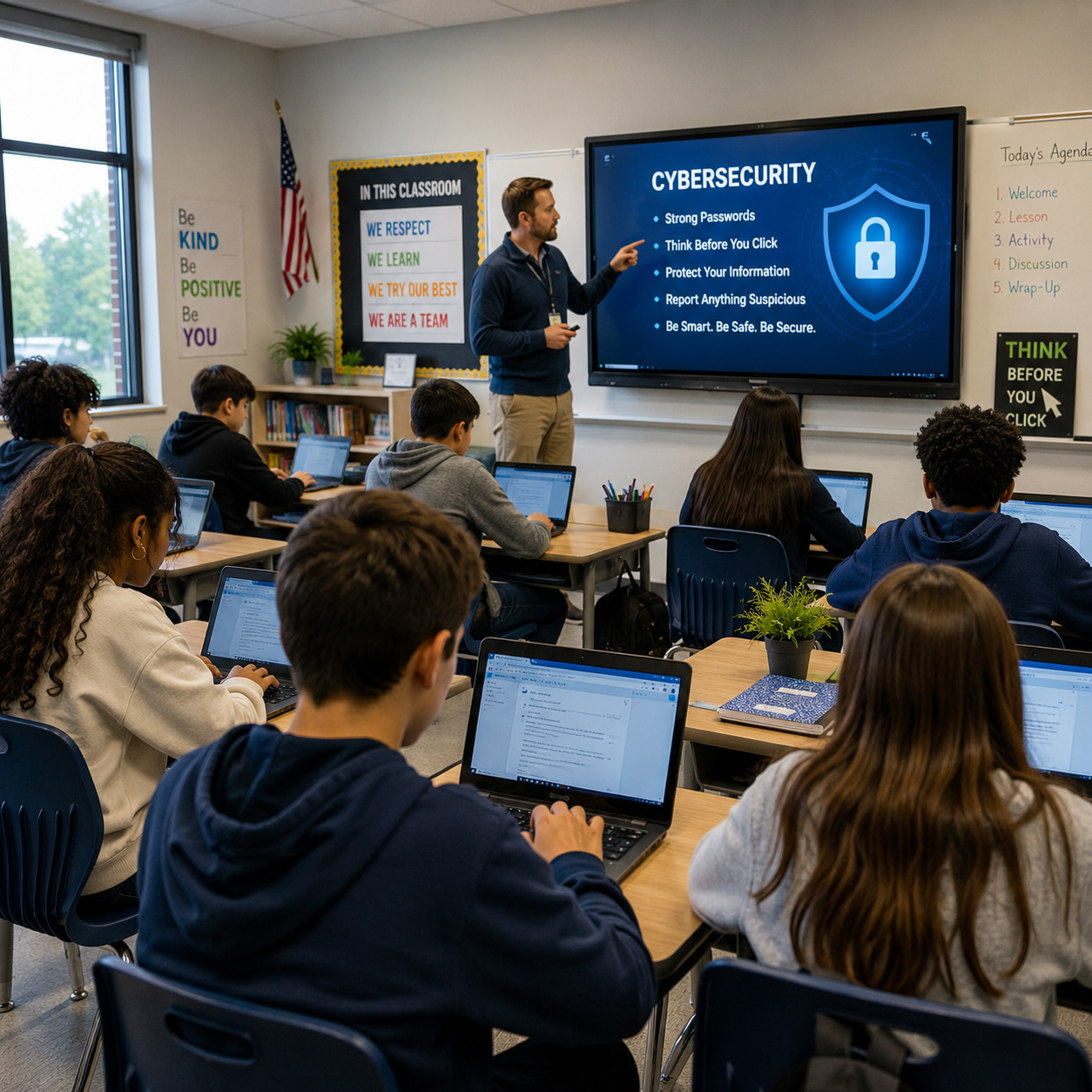 Students use laptops during a teacher-led lesson in a modern classroom with an interactive display, showcasing technology-integrated education that supports collaboration, digital learning, and cybersecurity awareness in schools.