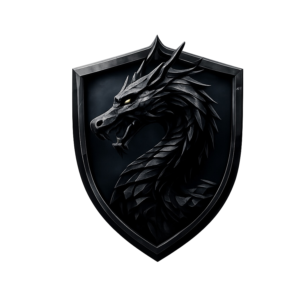 Black dragon emblem enclosed within a dark metallic shield, the insignia for the Thoughts From The Dragon brand.