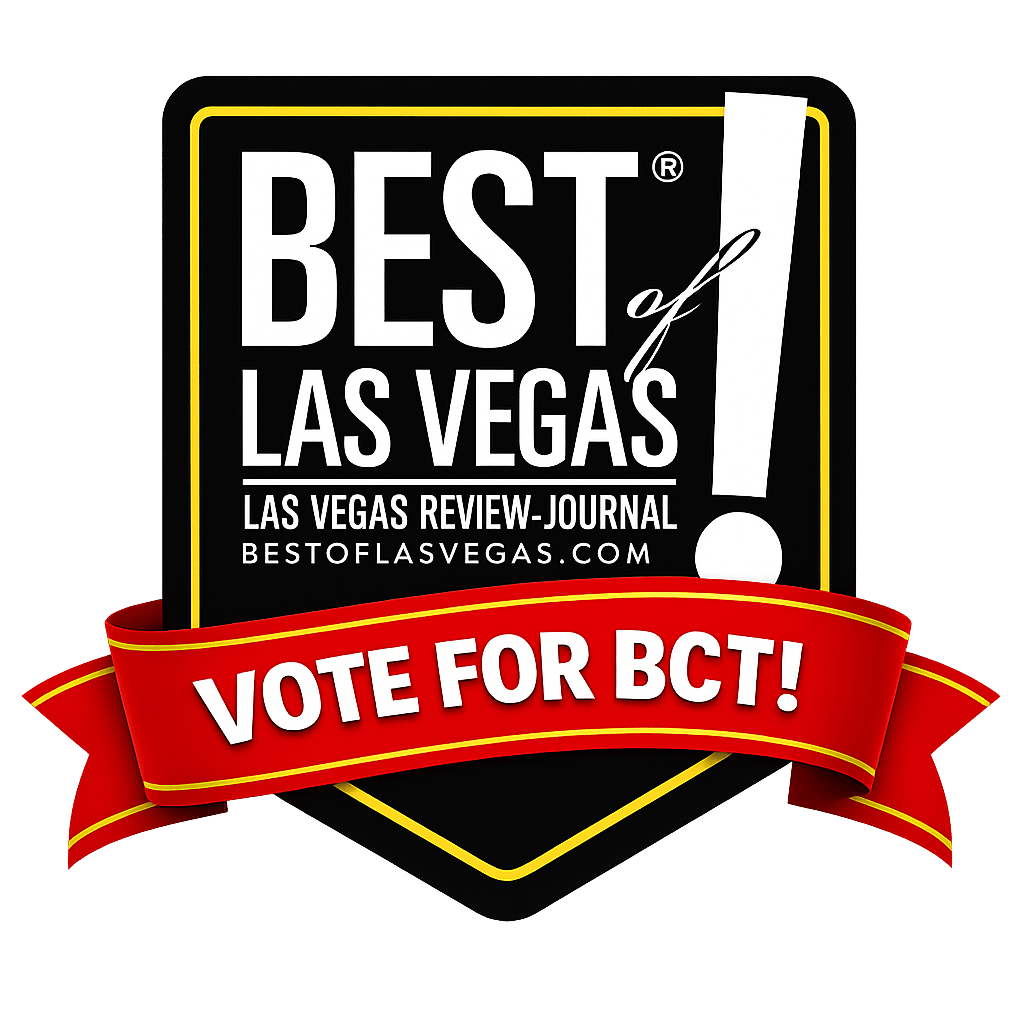 Best of Las Vegas award badge with a black and gold shield and a red ribbon displaying the message, “Vote for BCT!”