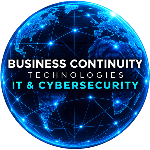 Business Continuity Technologies IT and Cybersecurity logo featuring a blue digital globe with connected network nodes.