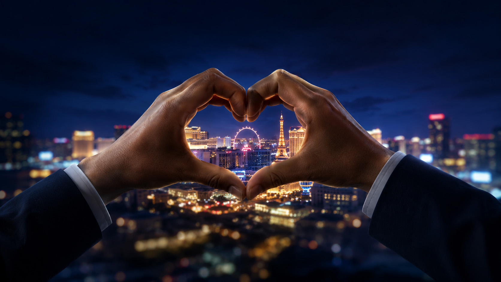 Two hands forming a heart shape in front of the illuminated Las Vegas skyline at night, symbolizing community support for Business Continuity Technologies.