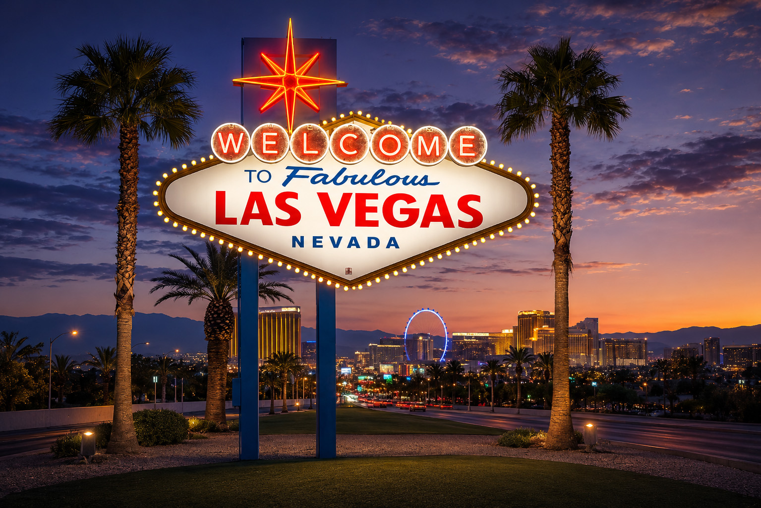 Welcome to Fabulous Las Vegas sign illuminated at sunset with palm trees and the Las Vegas skyline in the background.
